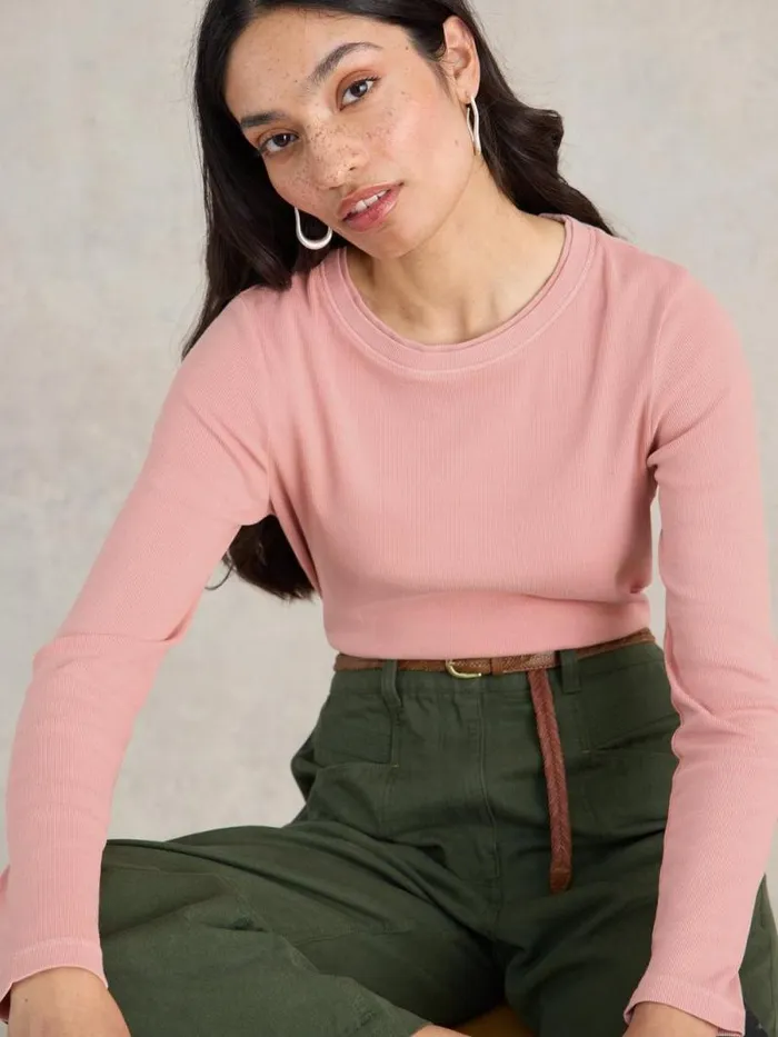 Women SADIE LONG SLEEVE RIB TEE Dusty Pink White Stuff Tops and Tees