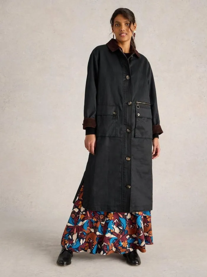 Women Sloe Cotton Coat Pure Black White Stuff Coats and Jackets