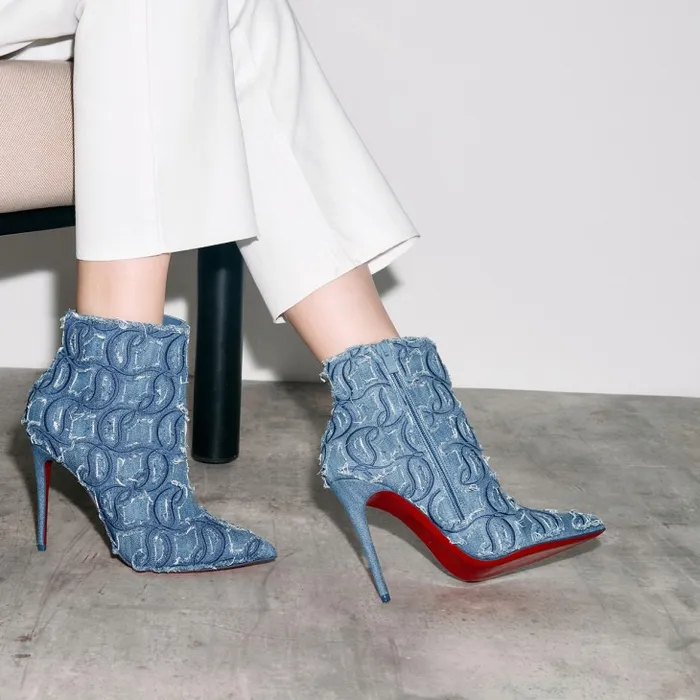 Women So Kate Booty Toile Denim Brod 100 Mm Low Boots 8211 Denim Embroidered 8211 Denim Christian Louboutin Boots