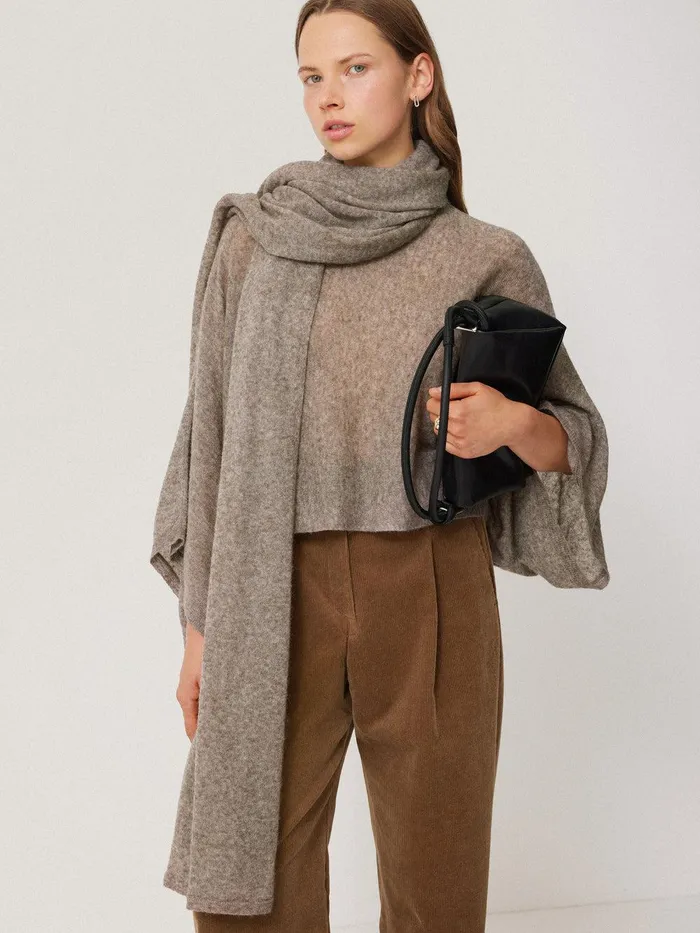 Women Soft Gauzy Knit Scarf Taupe Jigsaw Knitwear and Cashmere