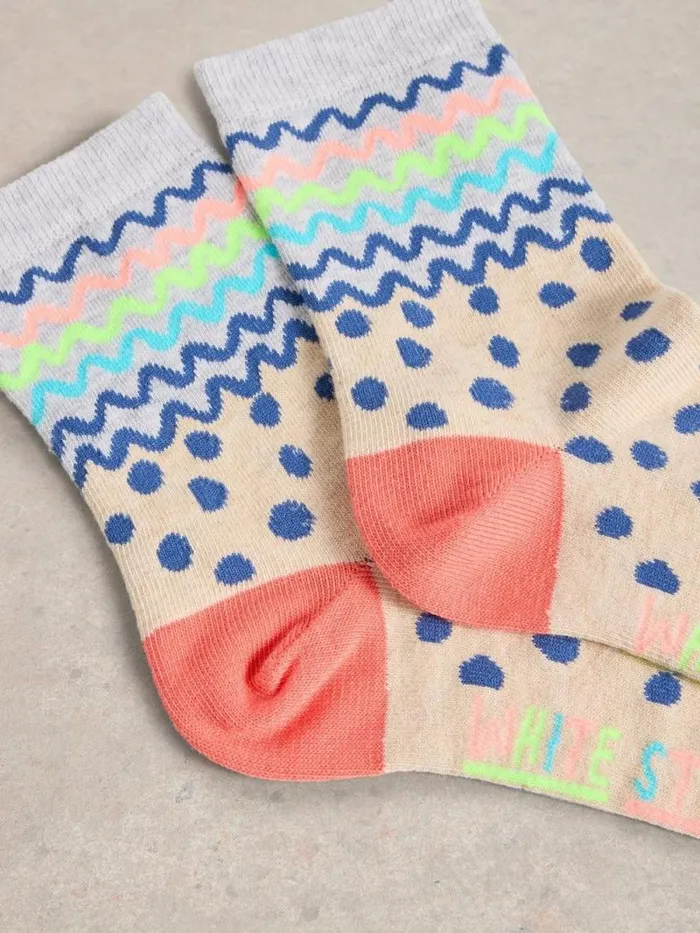 Women Squiggle Spotty Ankle Sock Natural Multi White Stuff Socks