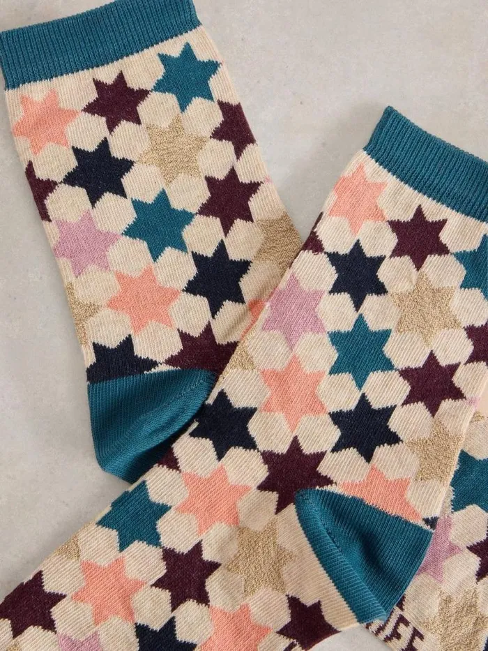 Women Star Ankle Knitted Sock Natural Multi White Stuff Socks
