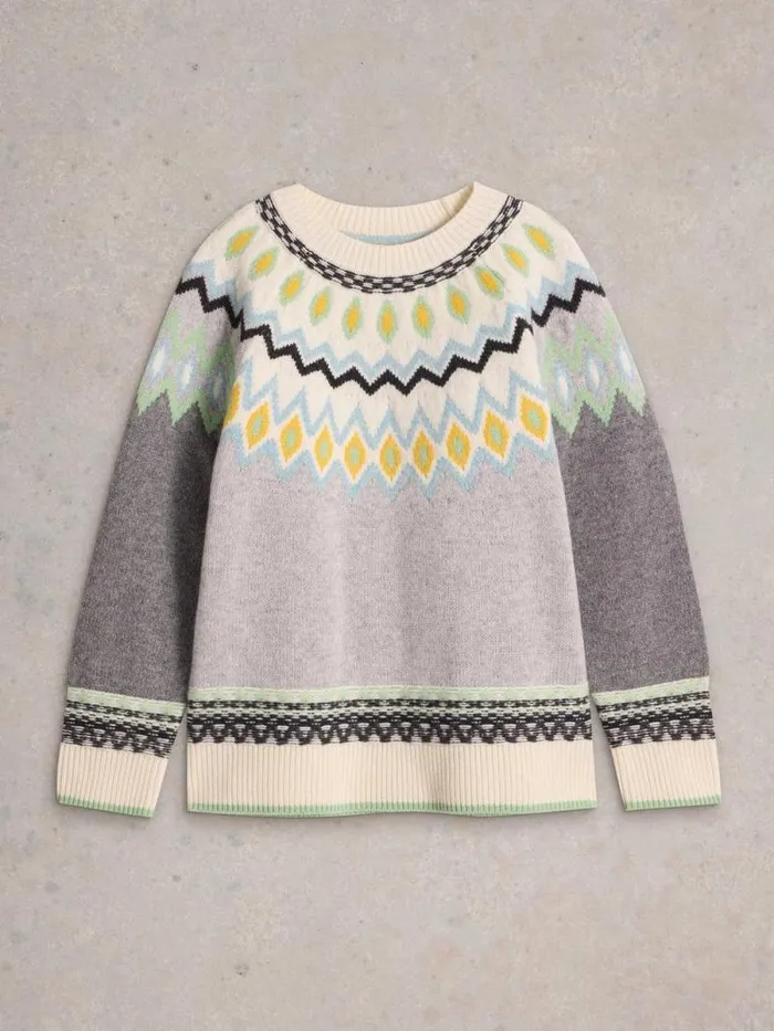 Women SUNSET FAIRISLE JUMPER Grey Multi White Stuff Knitwear Women SUNSET FAIRISLE JUMPER Grey Multi White Stuff Knitwear