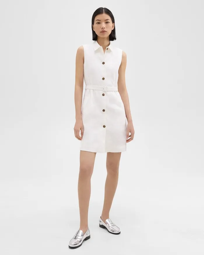 Women Theory Dresses Belted Military Dress In Stretch Linen White