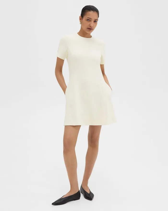Women Theory Dresses Flared ShortSleeve Dress In Admiral Crepe Rice