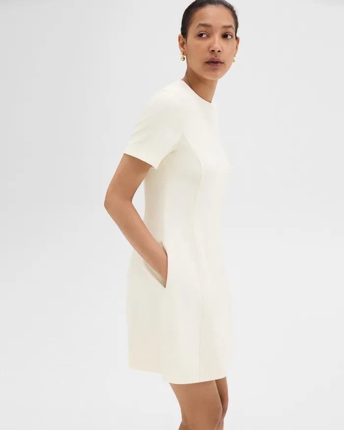 Women Theory Dresses Flared ShortSleeve Dress In Admiral Crepe Rice