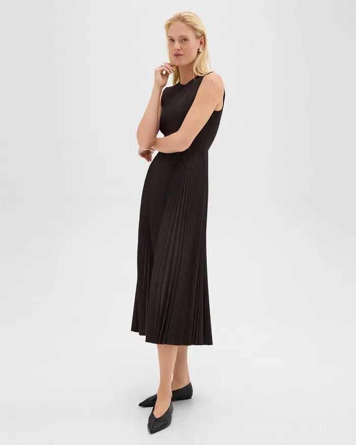 Women Theory Dresses Pleated Combo Dress In Stretch WoolBlend Hickory