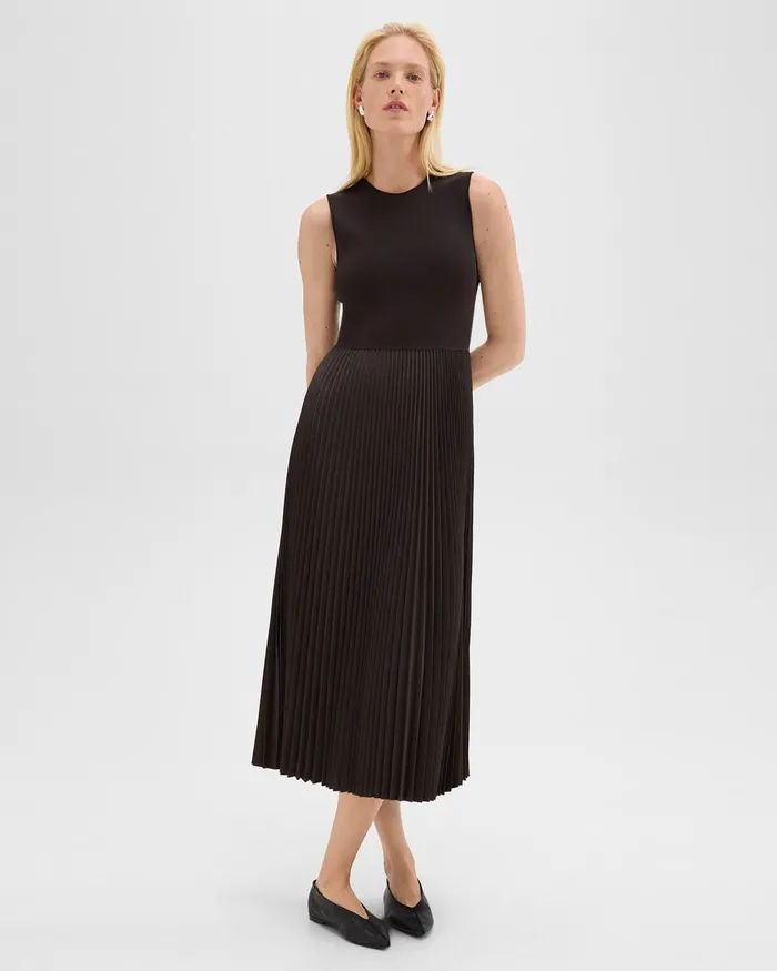Women Theory Dresses Pleated Combo Dress In Stretch WoolBlend Hickory