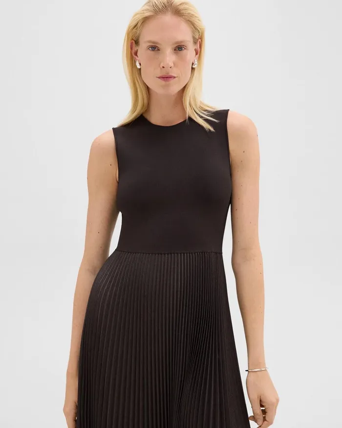 Women Theory Dresses Pleated Combo Dress In Stretch WoolBlend Hickory