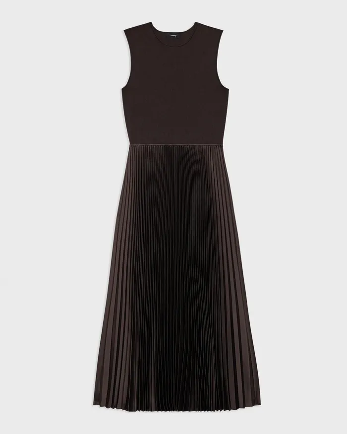 Women Theory Dresses Pleated Combo Dress In Stretch WoolBlend Hickory
