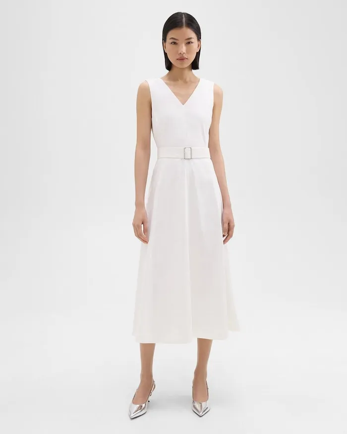 Women Theory Dresses VNeck Volume Dress In Good Linen White