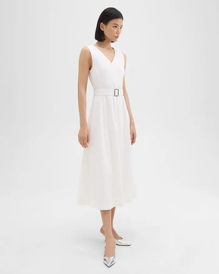 Women Theory Dresses VNeck Volume Dress In Good Linen White
