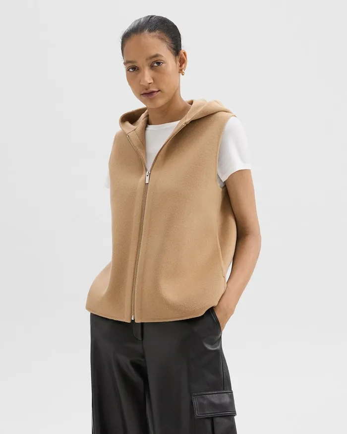 Women Theory Outerwear Hooded ZipUp Vest In DoubleFace WoolCashmere New Camel