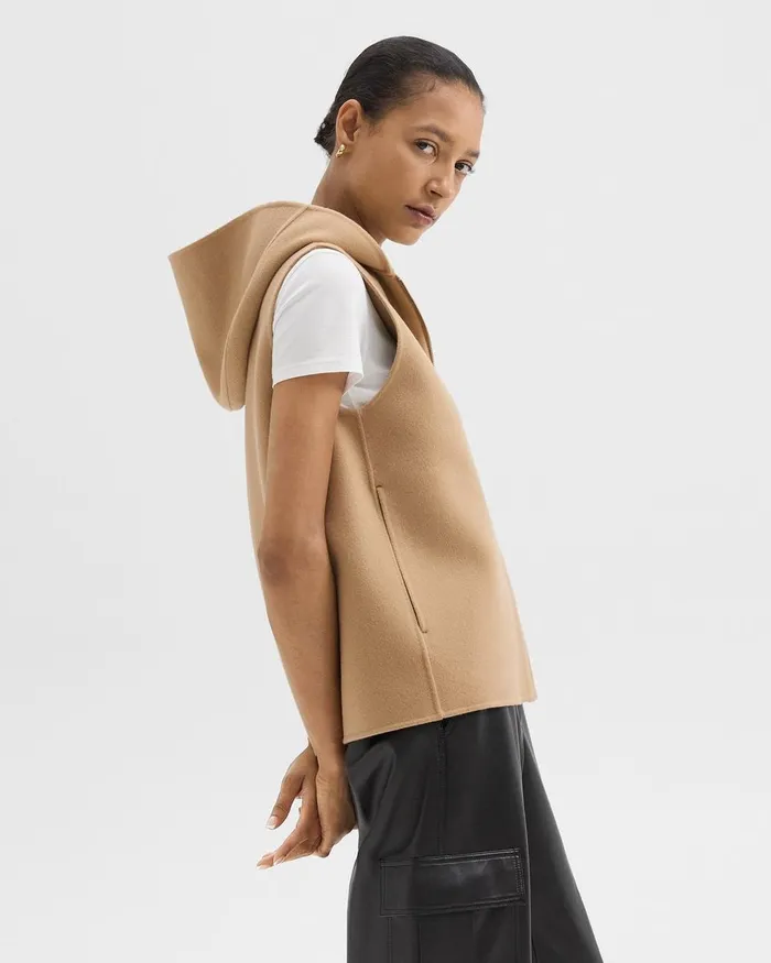 Women Theory Outerwear Hooded ZipUp Vest In DoubleFace WoolCashmere New Camel