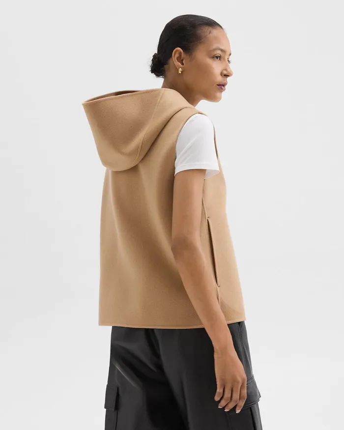 Women Theory Outerwear Hooded ZipUp Vest In DoubleFace WoolCashmere New Camel