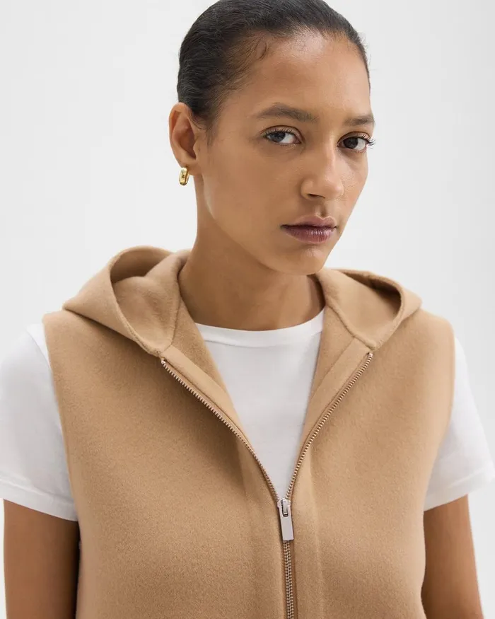 Women Theory Outerwear Hooded ZipUp Vest In DoubleFace WoolCashmere New Camel