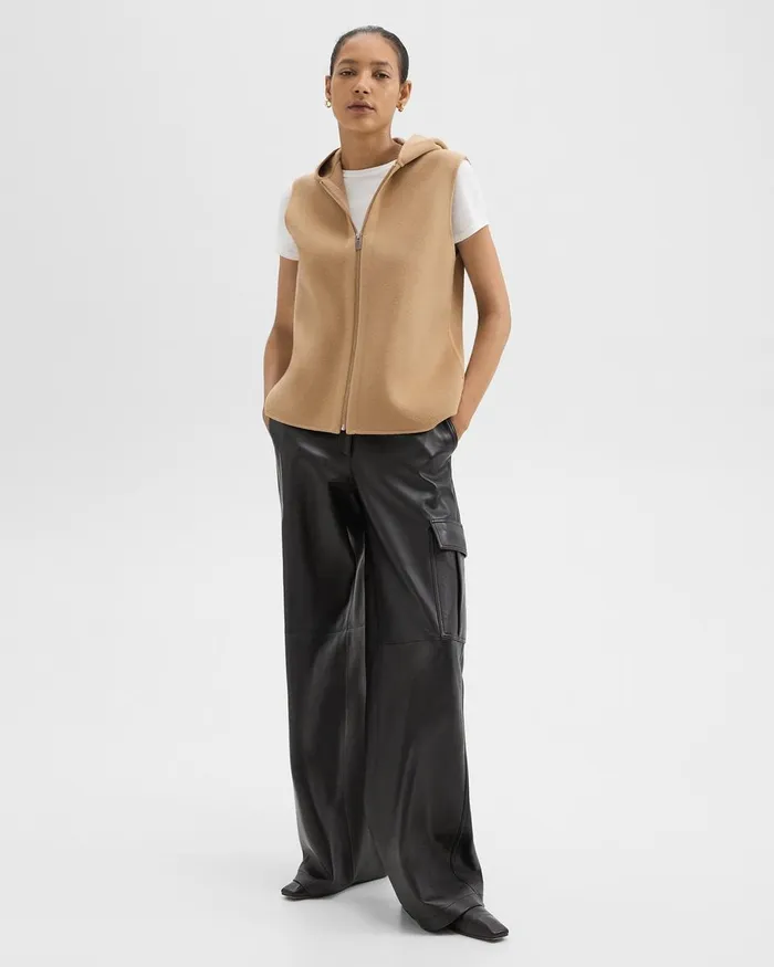 Women Theory Outerwear Hooded ZipUp Vest In DoubleFace WoolCashmere New Camel