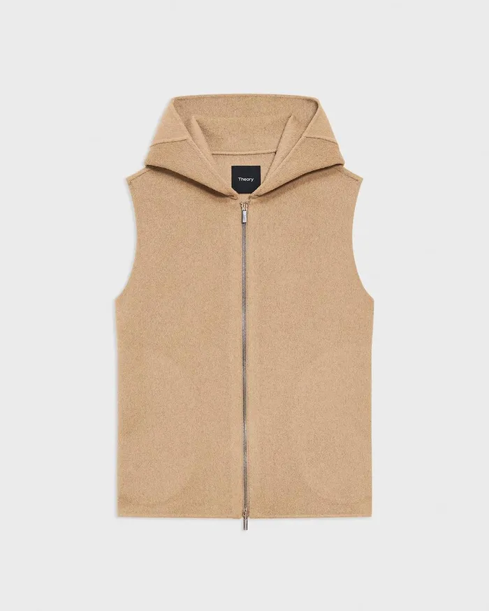 Women Theory Outerwear Hooded ZipUp Vest In DoubleFace WoolCashmere New Camel