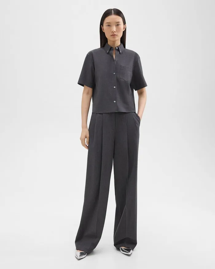 Women Theory Pants Double Pleat Pant In Good Wool Charcoal Melange