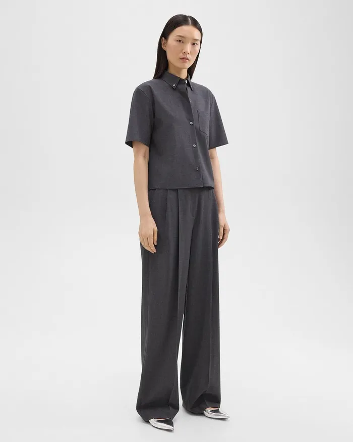 Women Theory Pants Double Pleat Pant In Good Wool Charcoal Melange