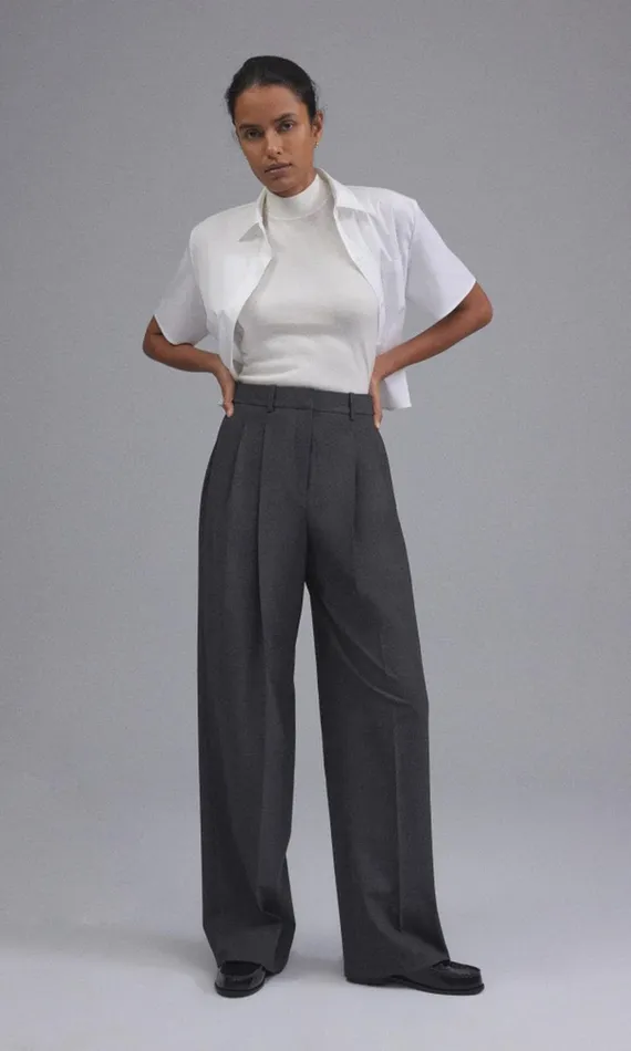 Women Theory Pants Double Pleat Pant In Good Wool Charcoal Melange