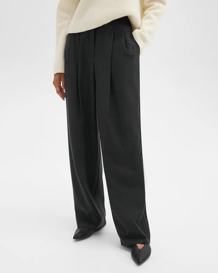 Women Theory Pants Double Pleat Pant In Sleek Flannel New Charcoal Melange