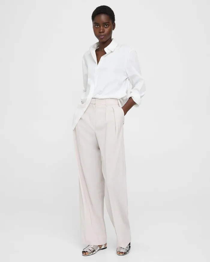 Women Theory Pants Pleated WideLeg Pant In Stretch Wool Sand