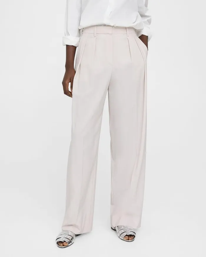 Women Theory Pants Pleated WideLeg Pant In Stretch Wool Sand