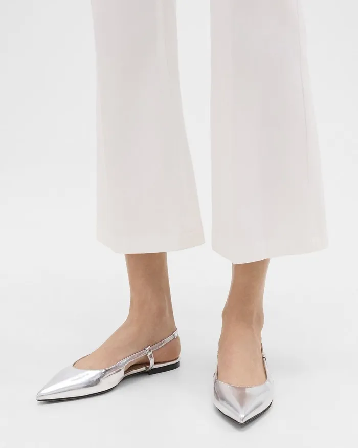 Women Theory Shoes Slingback Flat In Metallic Leather Silver