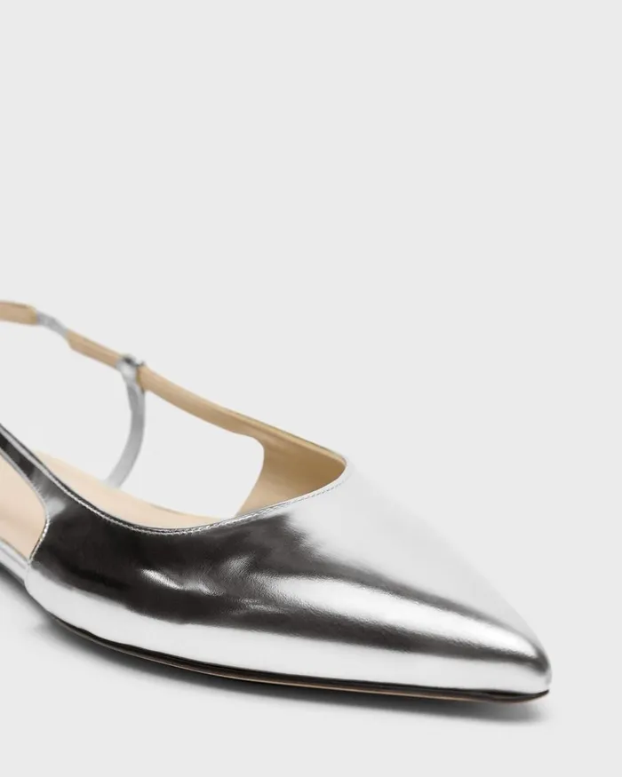 Women Theory Shoes Slingback Flat In Metallic Leather Silver