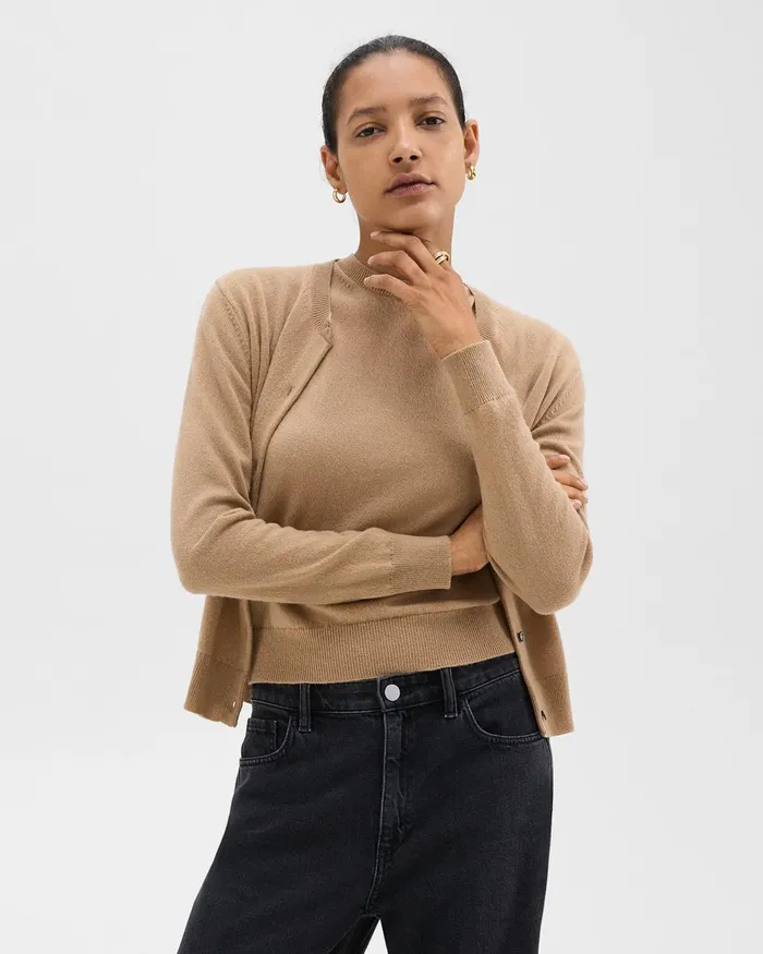 Women Theory Sweaters Cardigans Crewneck Cardigan In Cashmere Royal Camel