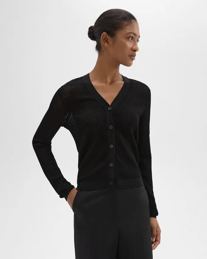 Women Theory Sweaters Cardigans Pointelle Cardigan In Crepe Knit Black