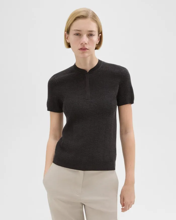 Women Theory Sweaters Cardigans Rib Knit ShortSleeve Henley Coal