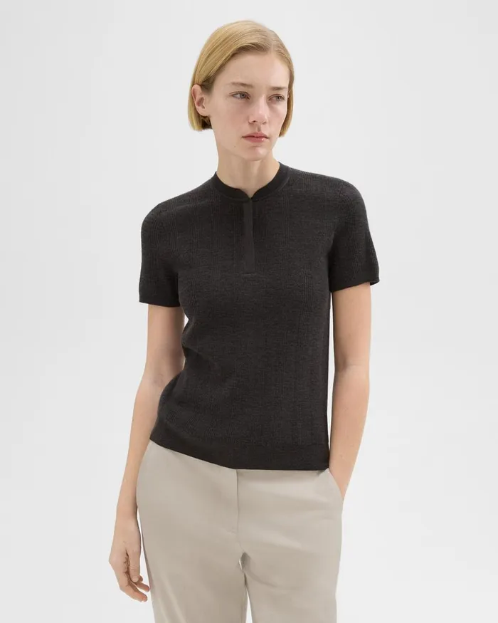 Women Theory Sweaters Cardigans Rib Knit ShortSleeve Henley Coal