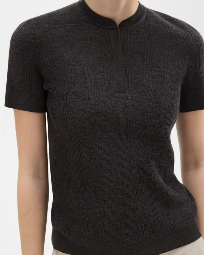 Women Theory Sweaters Cardigans Rib Knit ShortSleeve Henley Coal