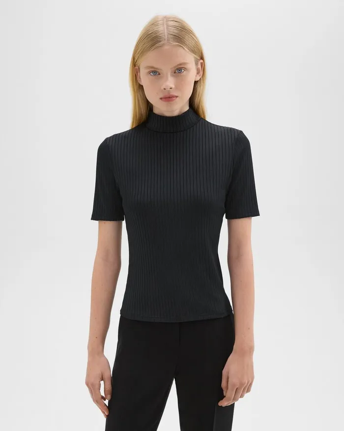 Women Theory TShirts Tank Tops Mock Neck ShortSleeve Top In Rib Knit Black