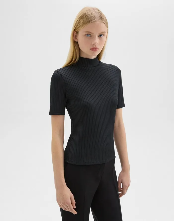 Women Theory TShirts Tank Tops Mock Neck ShortSleeve Top In Rib Knit Black