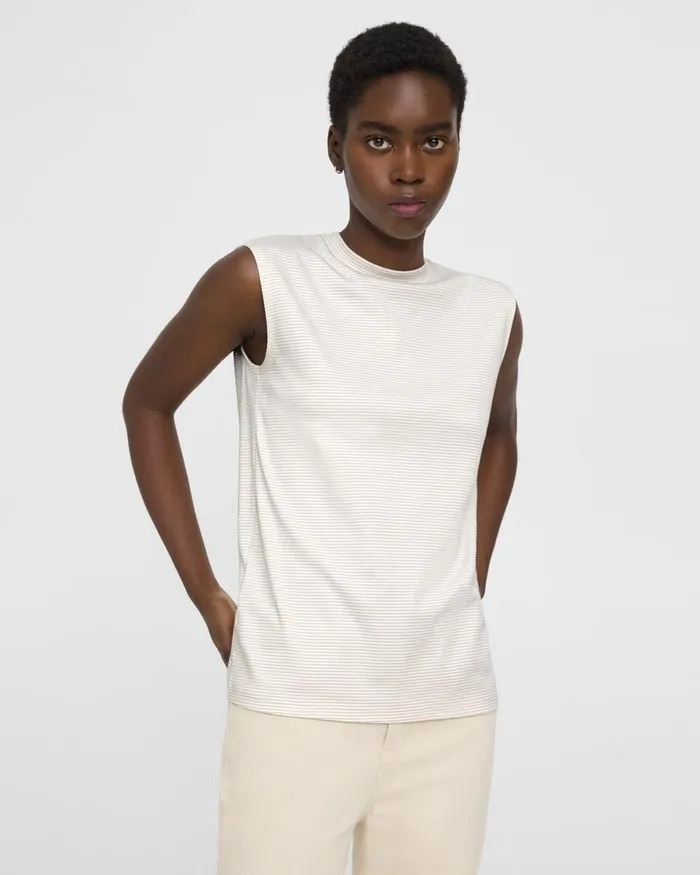 Women Theory TShirts Tank Tops Perfect CutOff Tee In Striped Cotton Jersey Sand Multi
