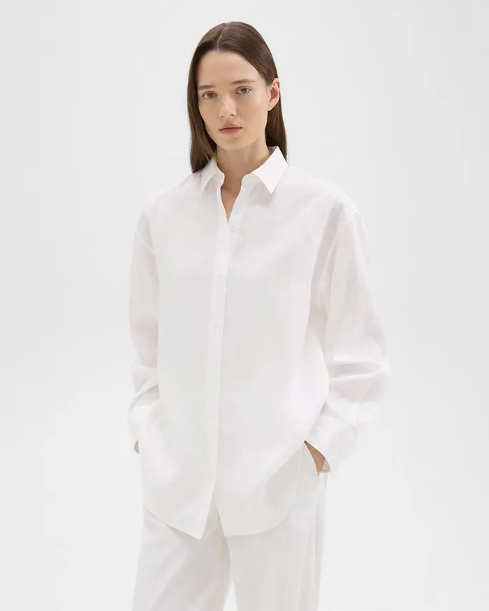 Women Theory Tops Boyfriend Shirt In Relaxed Linen White