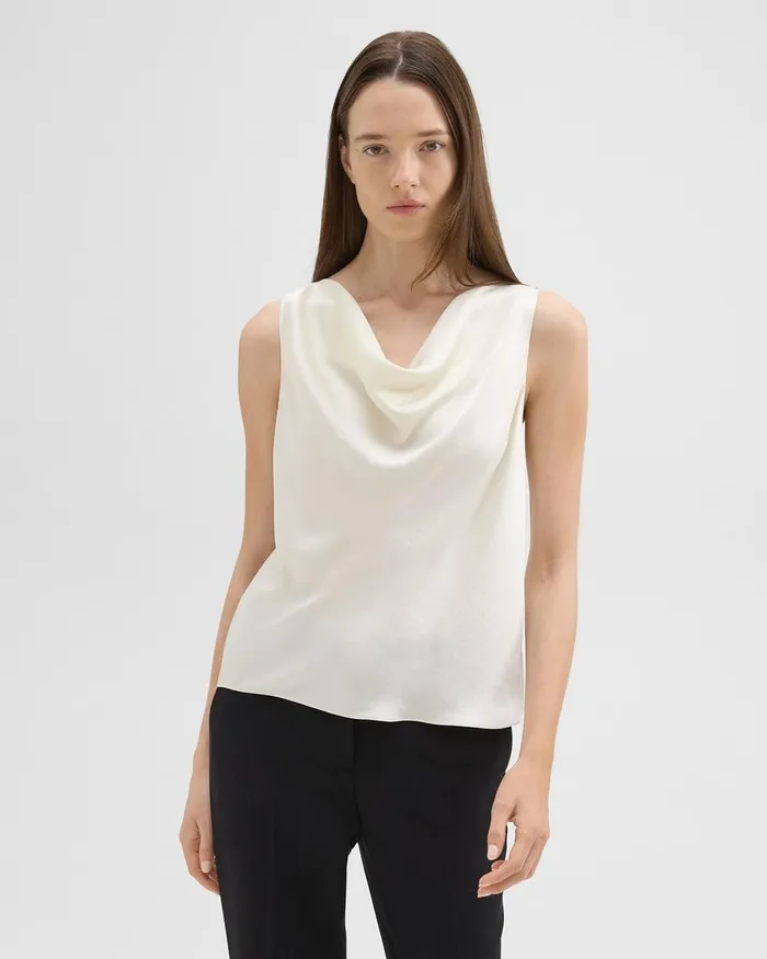 Women Theory Tops Cowl Neck Top In Crushed Satin Rice