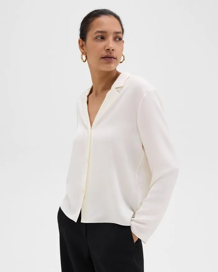 Women Theory Tops Notched Lapel Blouse In Silk Georgette Ivory