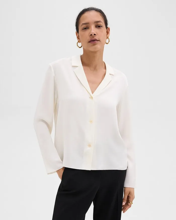 Women Theory Tops Notched Lapel Blouse In Silk Georgette Ivory