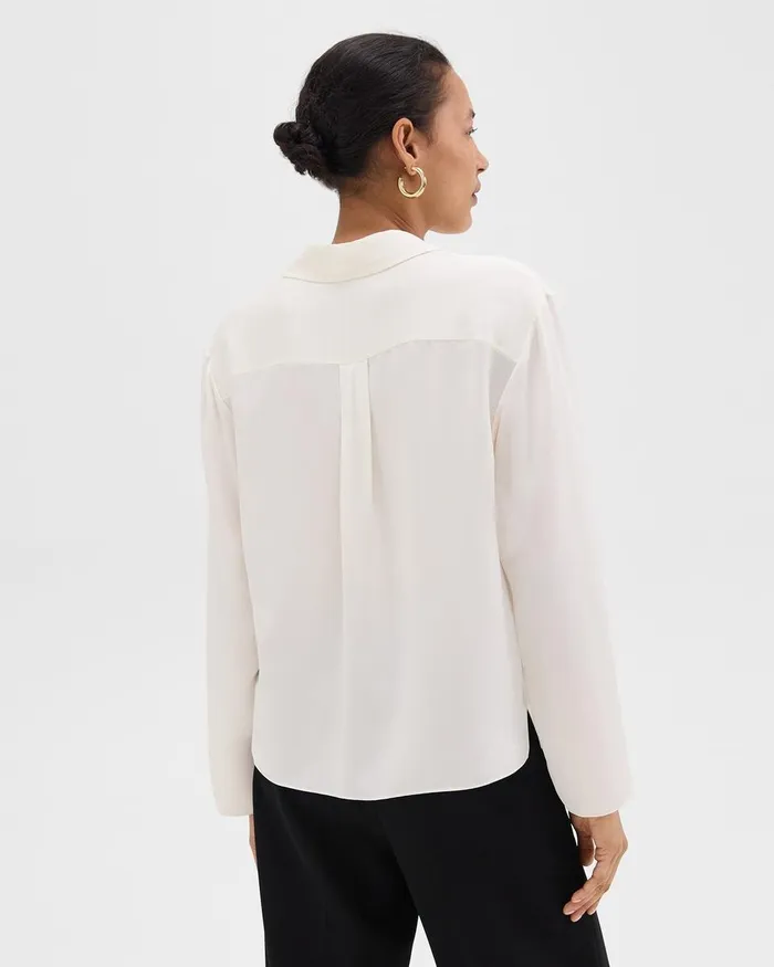Women Theory Tops Notched Lapel Blouse In Silk Georgette Ivory