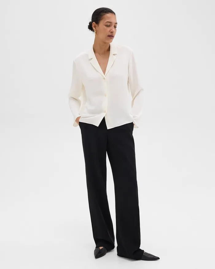 Women Theory Tops Notched Lapel Blouse In Silk Georgette Ivory