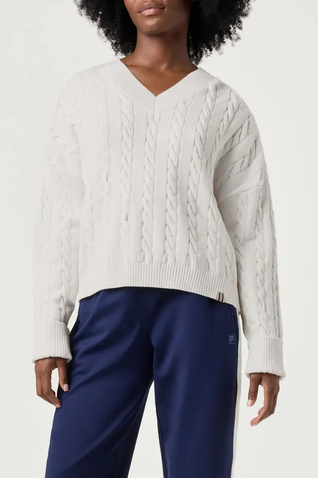 Women Tops and TShirts Fila Baseline Chunky VNeck Sweater 100 White