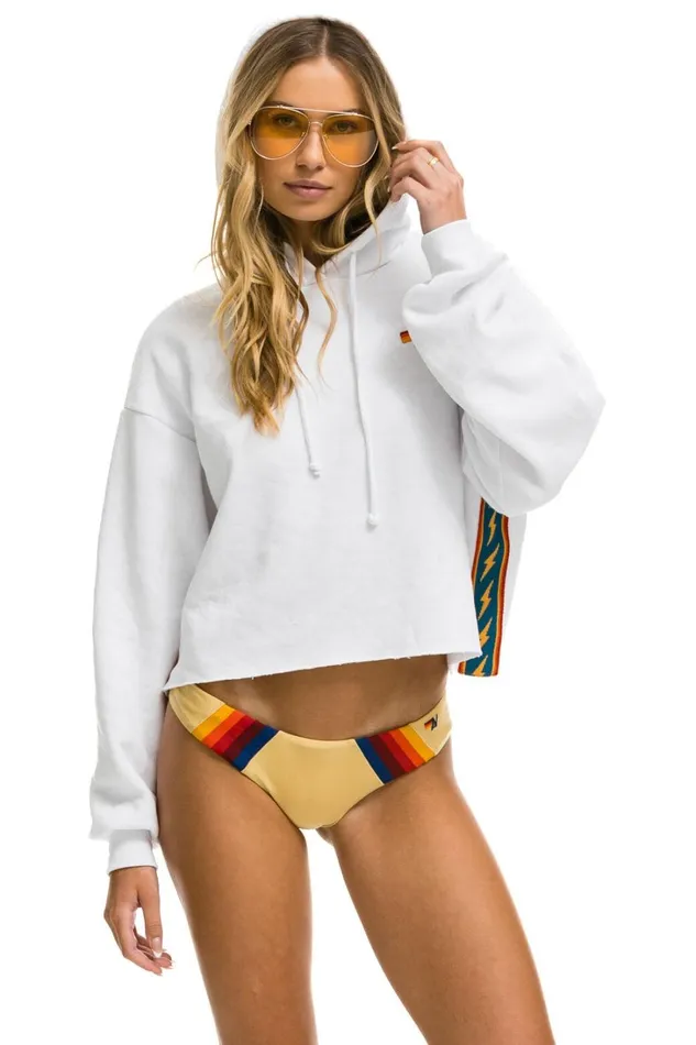 Women Tops Aviator Nation BOLT STRIPE RELAXED CROPPED PULLOVER HOODIE 8211 WHITE