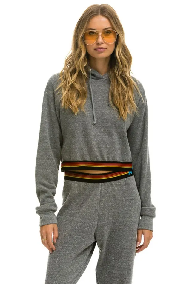Women Tops Aviator Nation LOGO STRIPE CROP PULLOVER HOODIE 8211 HEATHER GREY