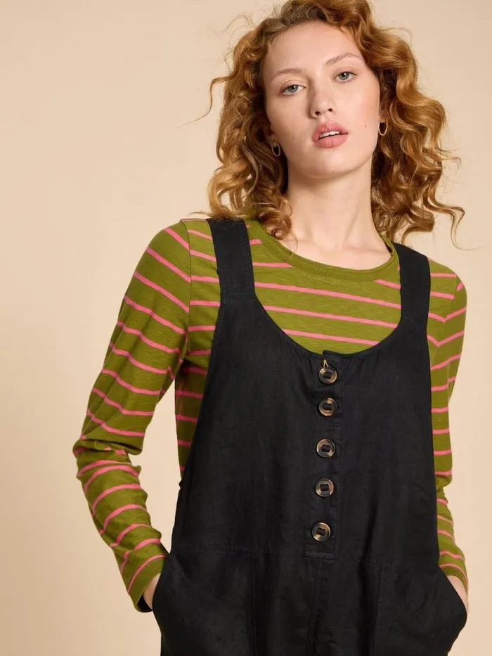 Women Viola Crop Linen Dungaree Pure Black White Stuff Dresses