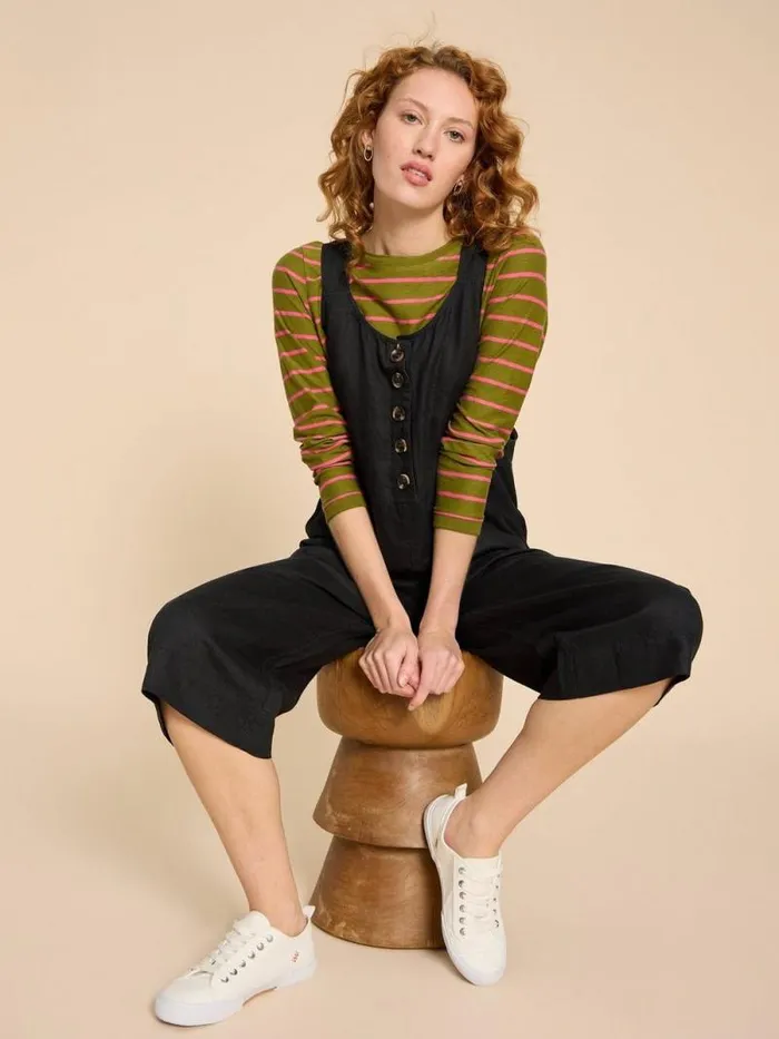Women Viola Crop Linen Dungaree Pure Black White Stuff Dresses
