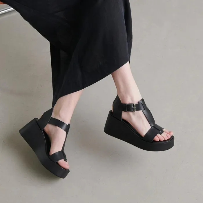 Women Wedge Sandals With Adjustable Buckles Black JONAK Sandals